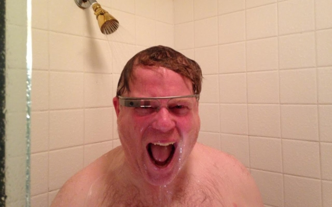 Larry Page under the shower with google glasses