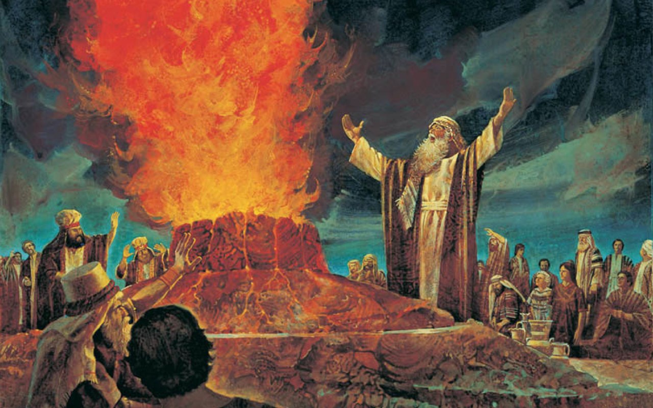 Painting of people praying to a fire